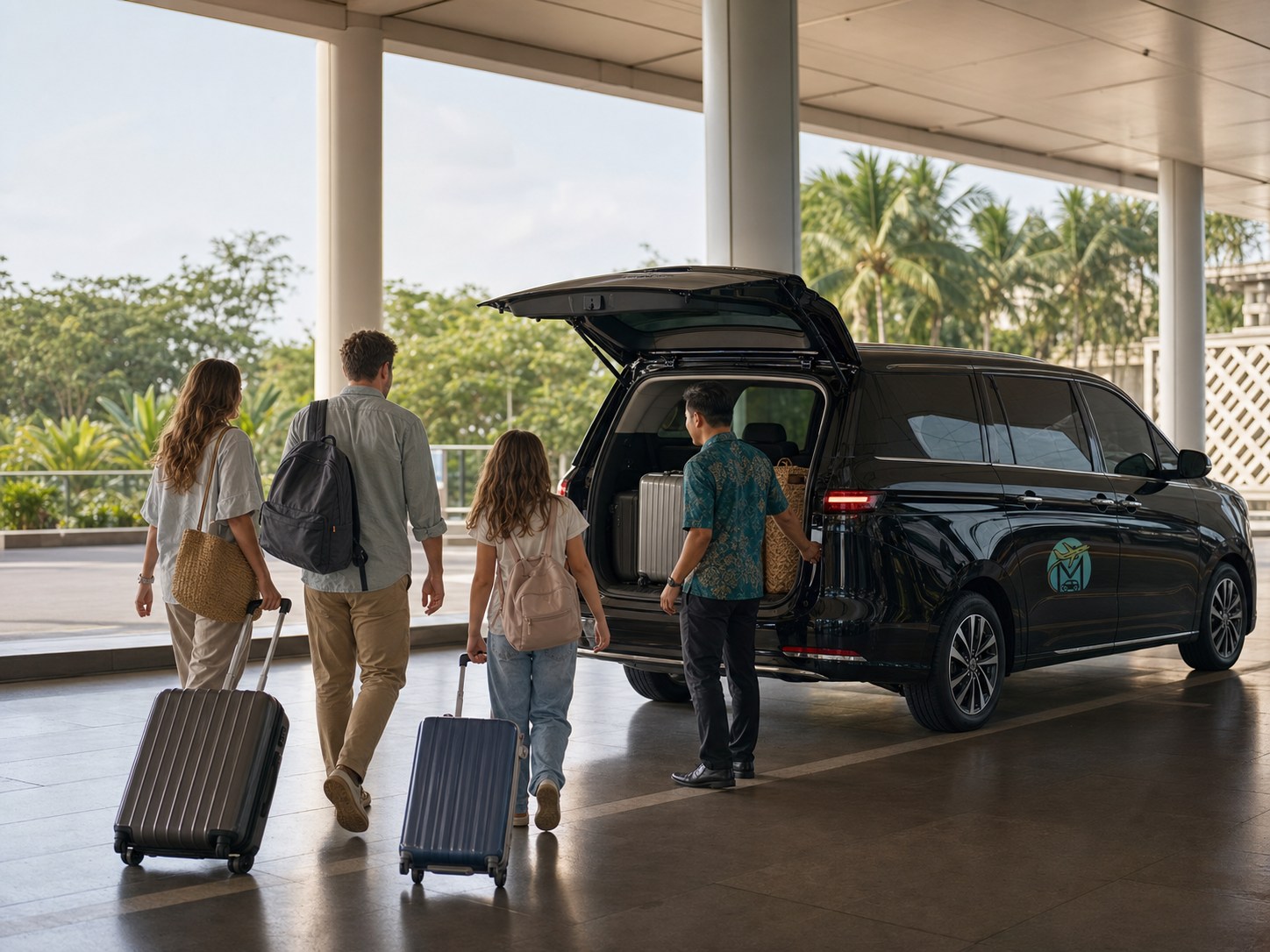 Private driver welcoming a family beside a premium vehicle at the airport